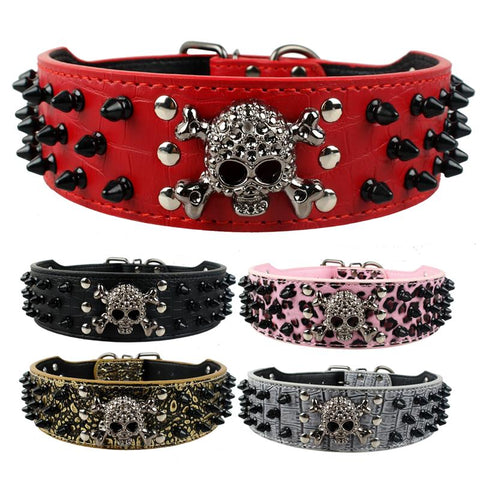 Spiked Studded Leather Dog Collar With Skull